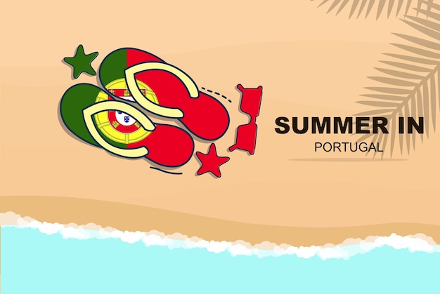 Portugal summer holiday vector banner beach vacation flip flops sunglasses starfish on sand