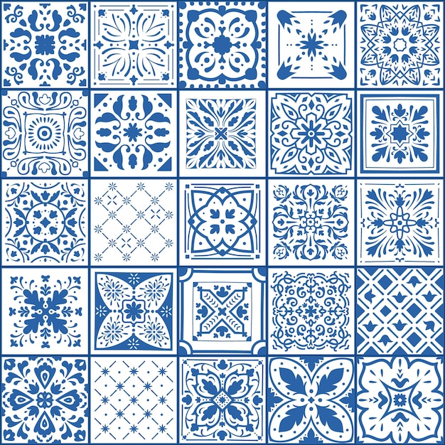 Portugal tile Spanish square floor and wall covers Blue and white ornamental arabesque pattern Geometric patchwork flooring samples set Vector abstract traditional mosaic texture