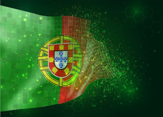 Portugal, on vector 3d flag on green background with polygons and data numbers