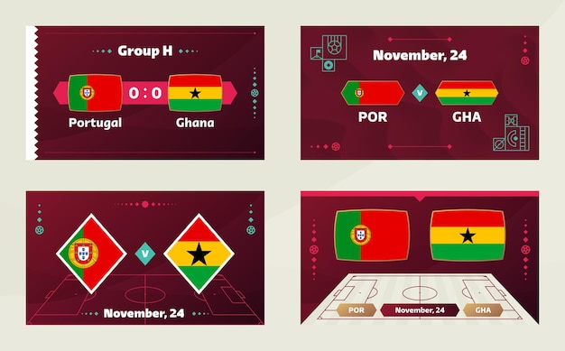 Portugal vs ghana voetbal 2022 groep h world football competition kampioenschap wedstrijd versus teams intro sport achtergrond kampioenschap competitie finale poster vectorillustratie