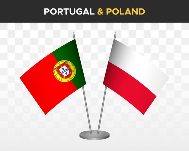 Portugal vs polen bureau vlaggen mockup geïsoleerde 3d vector illustratie tafel vlaggen