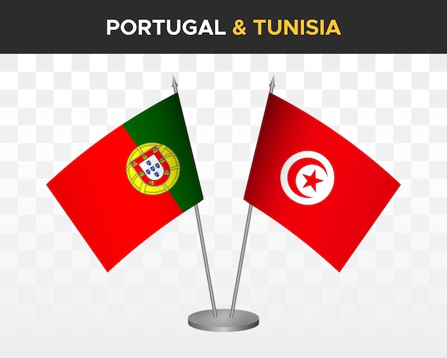 Portugal vs tunisia desk flags mockup isolated 3d vector illustration table flags