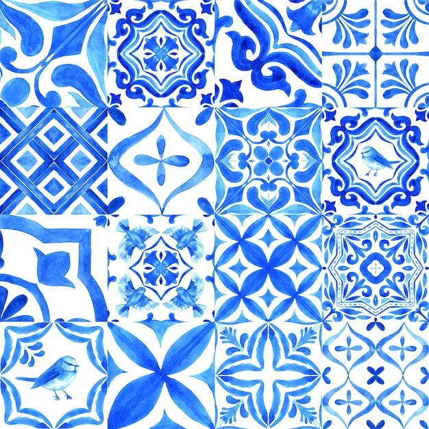 Vector portugese azulejo-tegelscollectie blauw en wit prachtig naadloos patroon