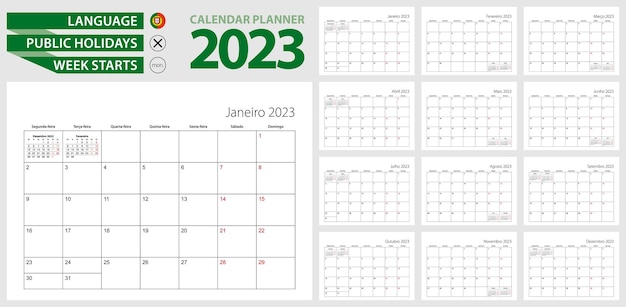 Portugese kalenderplanner voor de Portugese taalweek van 2023 begint vanaf maandag