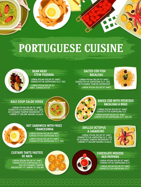 Portugese keuken restaurant menu gerechten, vector eten van caldo verde soep, eiertaart pasteis, gegrilde octopus en kabeljauw bacalhau. Stoofpotje feijoada, broodje friet en chocolademousse