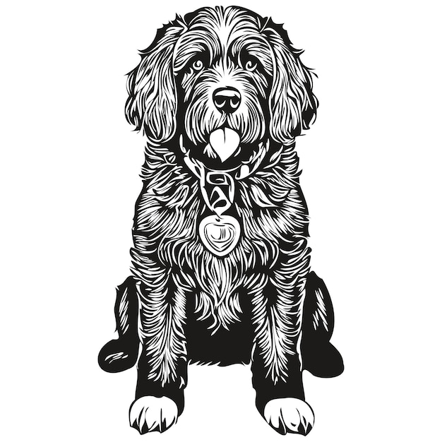 Portugese Waterhond cartoon gezicht inkt portret zwart-wit schets tekening tshirt print realistisch ras huisdier