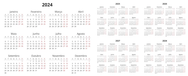 PORTUGUESE calendars 2024 2025 2026 2027 2028 years Printable vector illustration set for Portugal