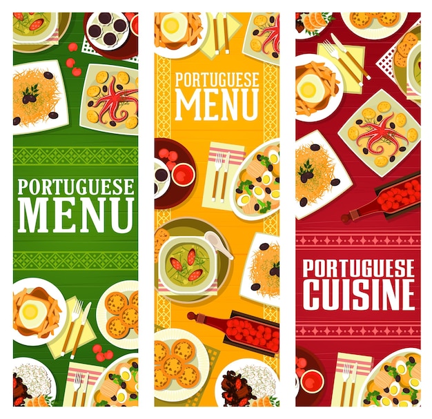 Portuguese cuisine menu vector banners of meat, seafood and vegetable dishes, desserts and cherry liqueur. bean stew, salted fish, fries sandwich and kale soup, tart pasteis, chocolate mousse, octopus