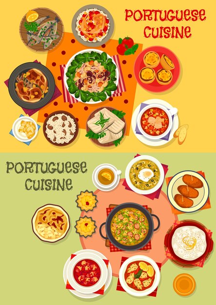 Vector portuguese cuisine seafood dinner menu icon set