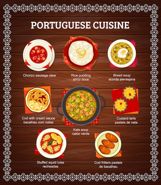 Vector portuguese food menu cover portugal cuisine meals