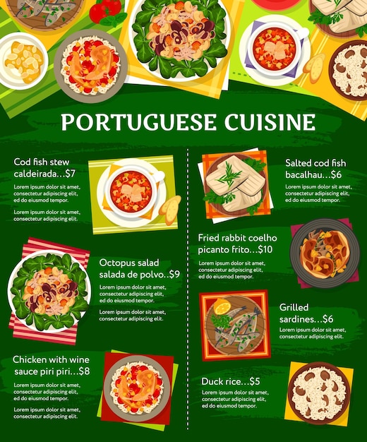 Vector portuguese food restaurant meals dishes menu page