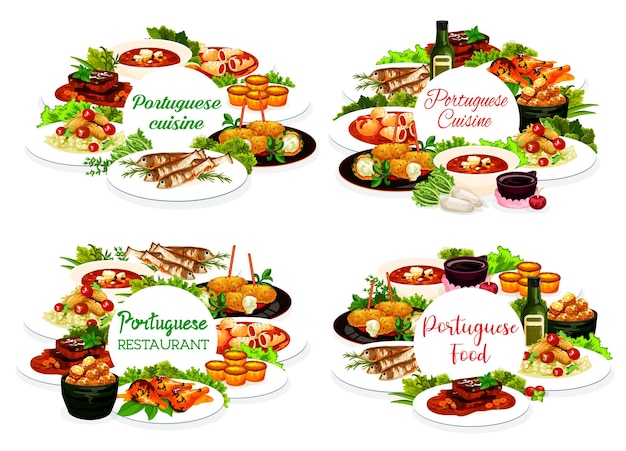 Vector portuguese restaurant menu meals round frames set