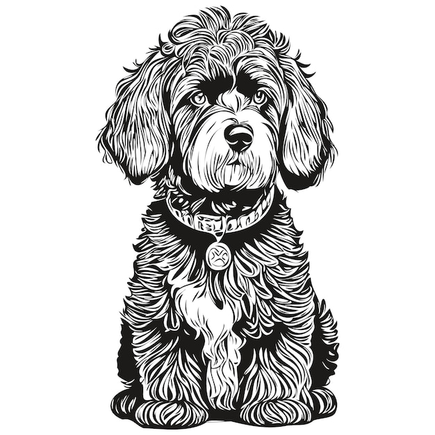 Vector portuguese water dog ink sketch drawing vintage tattoo or t shirt print black and white vector realistic breed pet