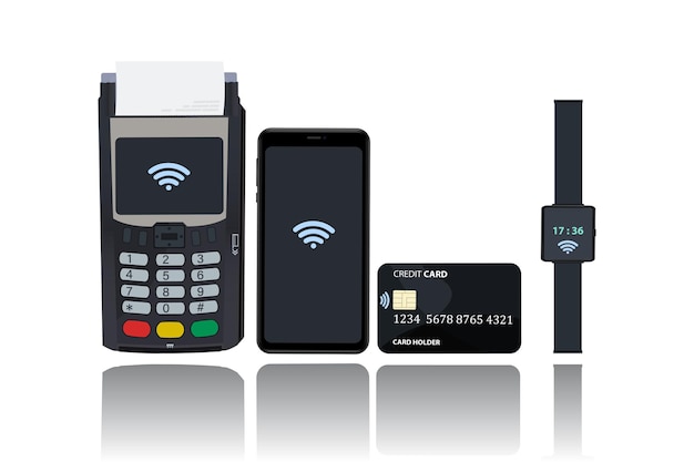 Концепция платежных технологий pos и nfc оплата с часов с карт мобильного телефона путем приближения устройства к pos-терминалу плоская векторная иллюстрация