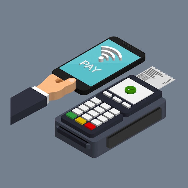 pos-терминал подтверждает оплату смартфоном в модном изометрическом стиле. Концепция платежей NFC. Мобильная и бесконтактная оплата. Концепция оплаты пропуска.