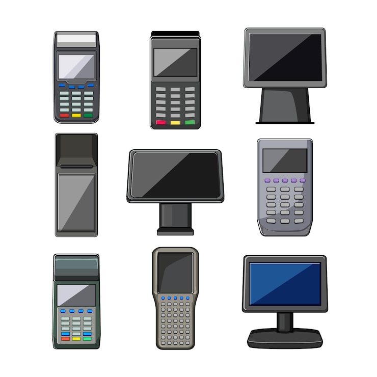 Вектор pos-терминал набор мультипликационных векторных иллюстраций