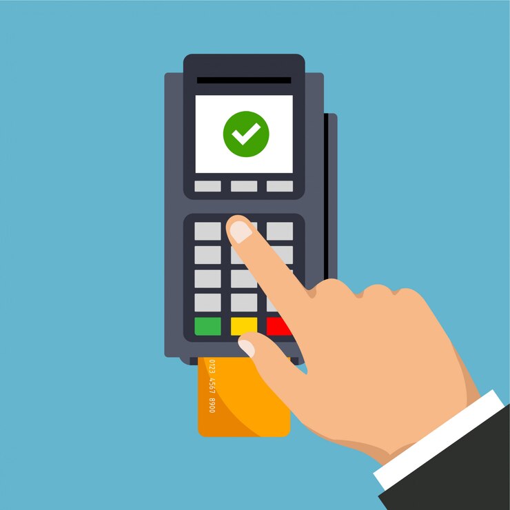 Vector pos terminal usage. hand pushing credit or debit card into the pos machine slot. payment by credit card and entered pin. illustration. isolated.