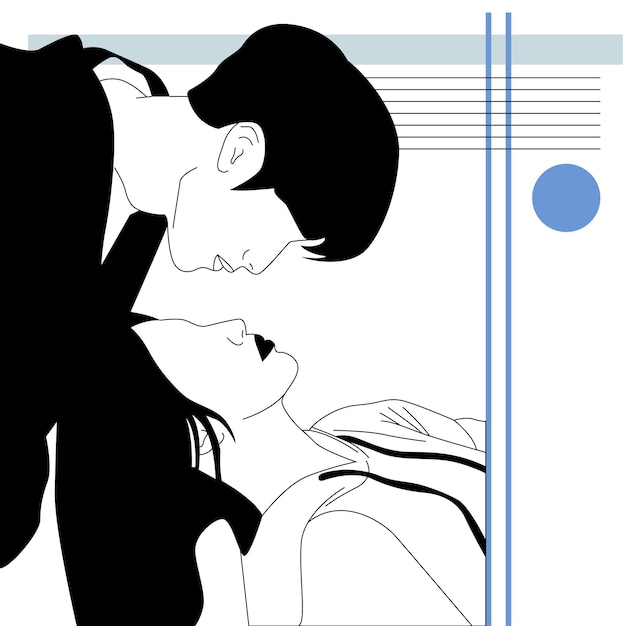 Pose  of cute couple in line art style with pastel geometric and heart background