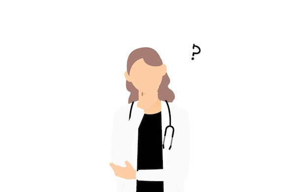 Pose of female doctor in white coat with crossed arms and questioning