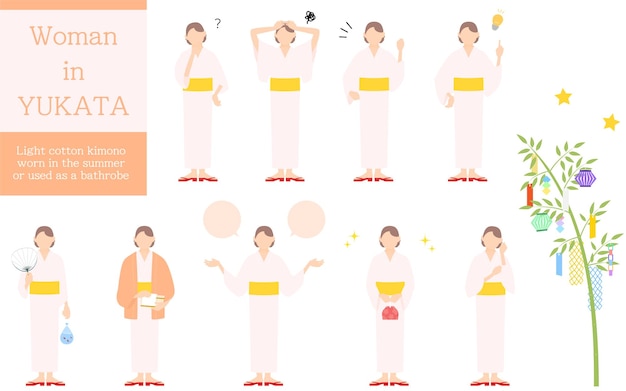 Vector pose set of woman in yukata questioning worrying encouraging pointing etc