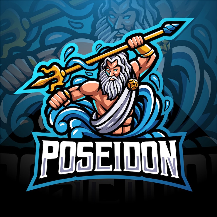 Vector poseidon esport mascotte-logo met drietandwapen