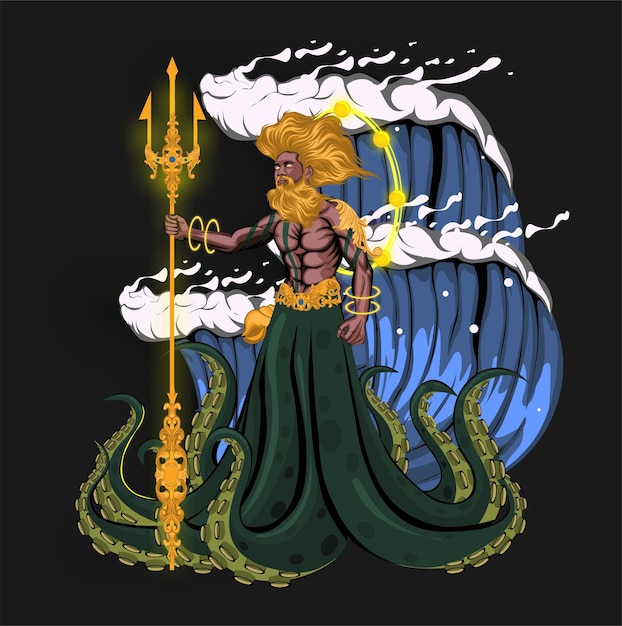 poseidon god of the sea with trident and waves
