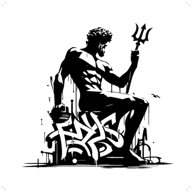 Vector poseidon godheid mythologie silhouet godheid in graffiti tag hip hop straatkunst typografie illustratie