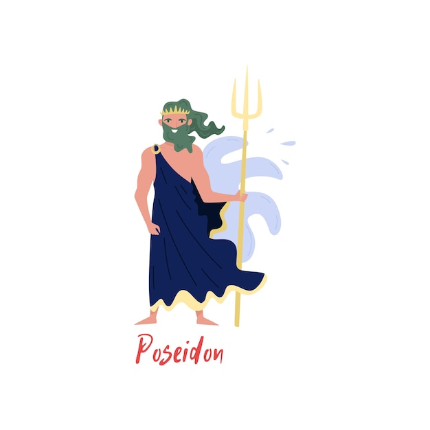 Poseidon Griekse God oude Griekenland mythen cartoon personage vector Illustratie geïsoleerd op een witte achtergrond