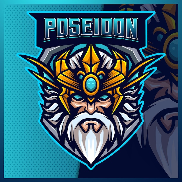 Poseidon king mascot esport logo design illustrations   template