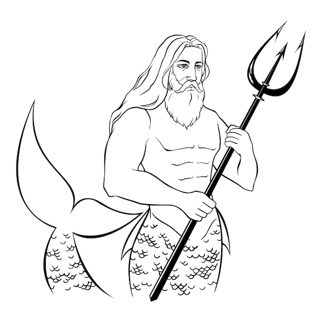 Poseidon neptune zeus god monochrome black and white merman ink line art hand drawn sketch vector