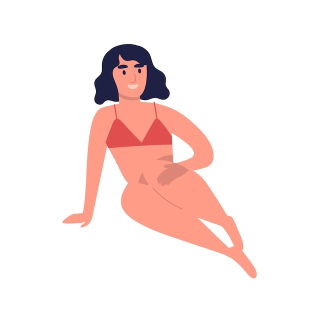 Poseren slanke brunette meisje in badmode met fit figuur. Vrouwelijke karakter zittend in strandkleding. Vrouw in rood ondergoed met donker haar. Platte vector cartoon illustratie geïsoleerd op wit.