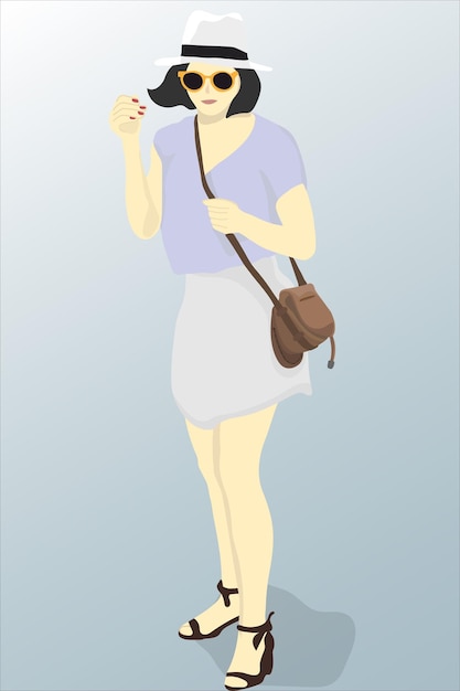 Posing casual girl with white hat and brown bag