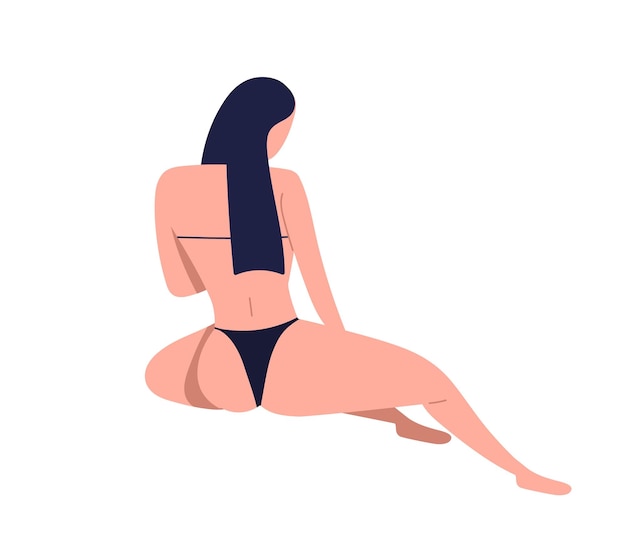 Vector posing slim brunette girl in bikini with fit figure. female character in black underwear. woman back in swimsuit with long hair. flat vector cartoon illustration isolated on white background.