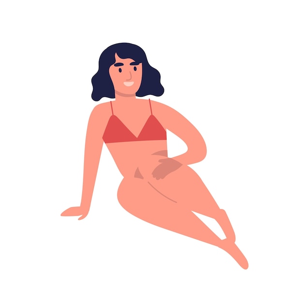 Vector posing slim brunette girl in swimwear with fit figure. female character sitting in beachwear. woman in red underwear with dark hair. flat vector cartoon illustration isolated on white.