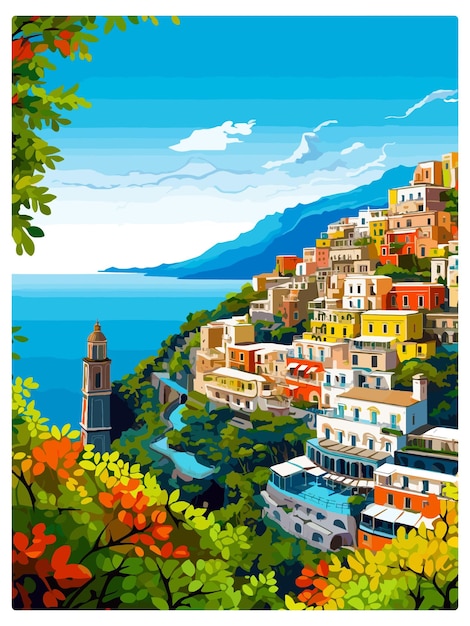 Vector positano italy vintage travel poster souvenir postcard portrait painting wpa illustration