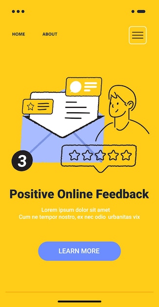 Positief online feedbackconcept met een sterrenbeoordeling op de envelop en een persoon in minimalistische doodle-stijl op