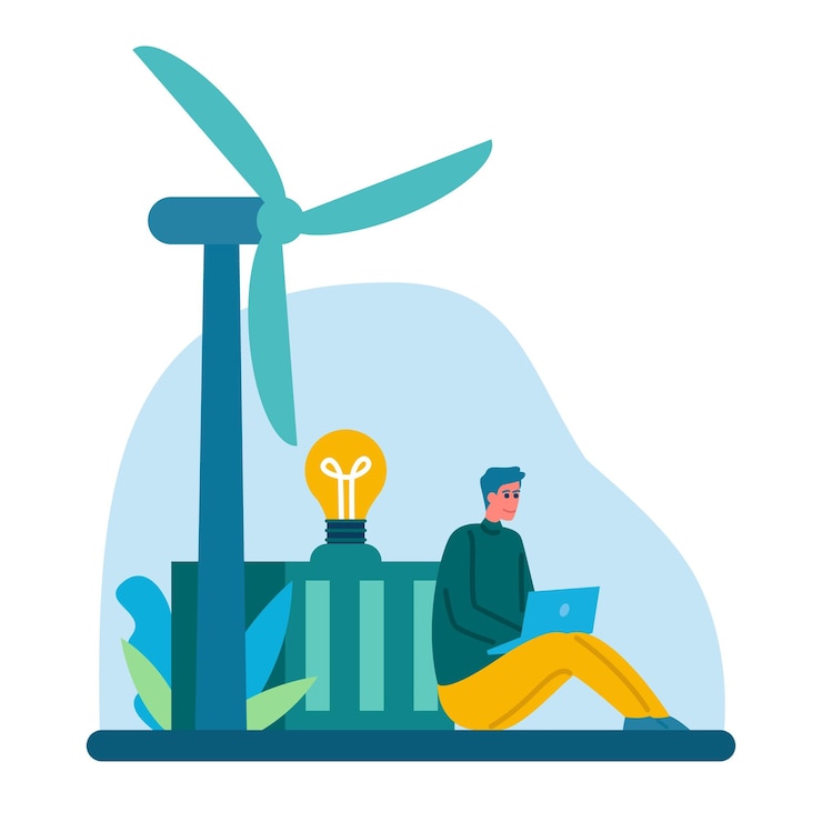 Vector positieve cartoonman werkt op een notebook die wordt opgeladen door windmolens. gebruik van energie uit natuurlijke hulpbronnen. geen negatieve effecten van fossiele brandstoffen. verbruik van windmolens en groene elektriciteit.