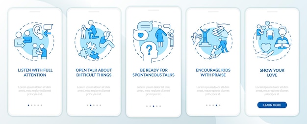 Positieve communicatie blauw onboarding mobiele app-scherm