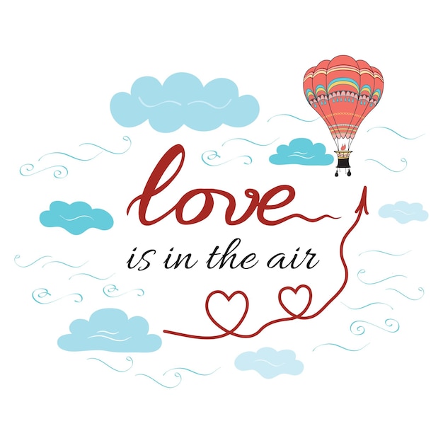 Vector positieve handgetekende banner met tekst love is in the air versierde hete ballonharten sky clouds