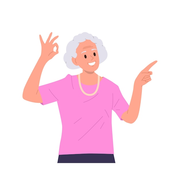 Positieve oudere vrouw cartoon personage gebaren ok teken wijzen vinger opzij geïsoleerd op wit