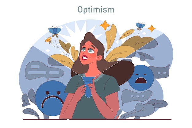 Vector positieve psychologie positief denken en houding optimistische mentaliteit, zelfacceptatie en welzijn jonge vrouw optimistisch standpunt platte vectorillustratie