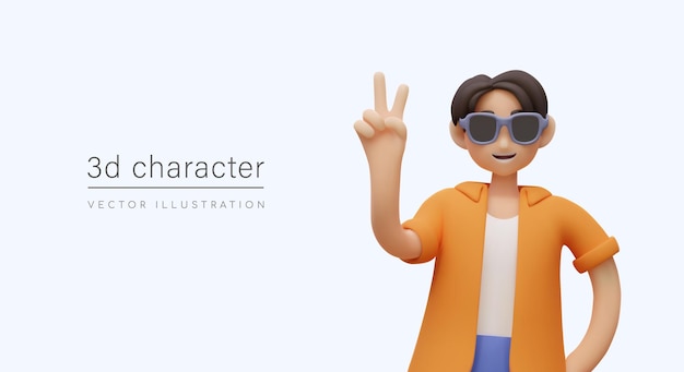 ポジティブ3Dキャラクター 太陽眼鏡をかぶった男が2本の指を示す 勝利のサイン