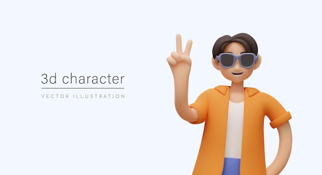 Vector positive 3d character man in sunglasses shows two fingers victory sign