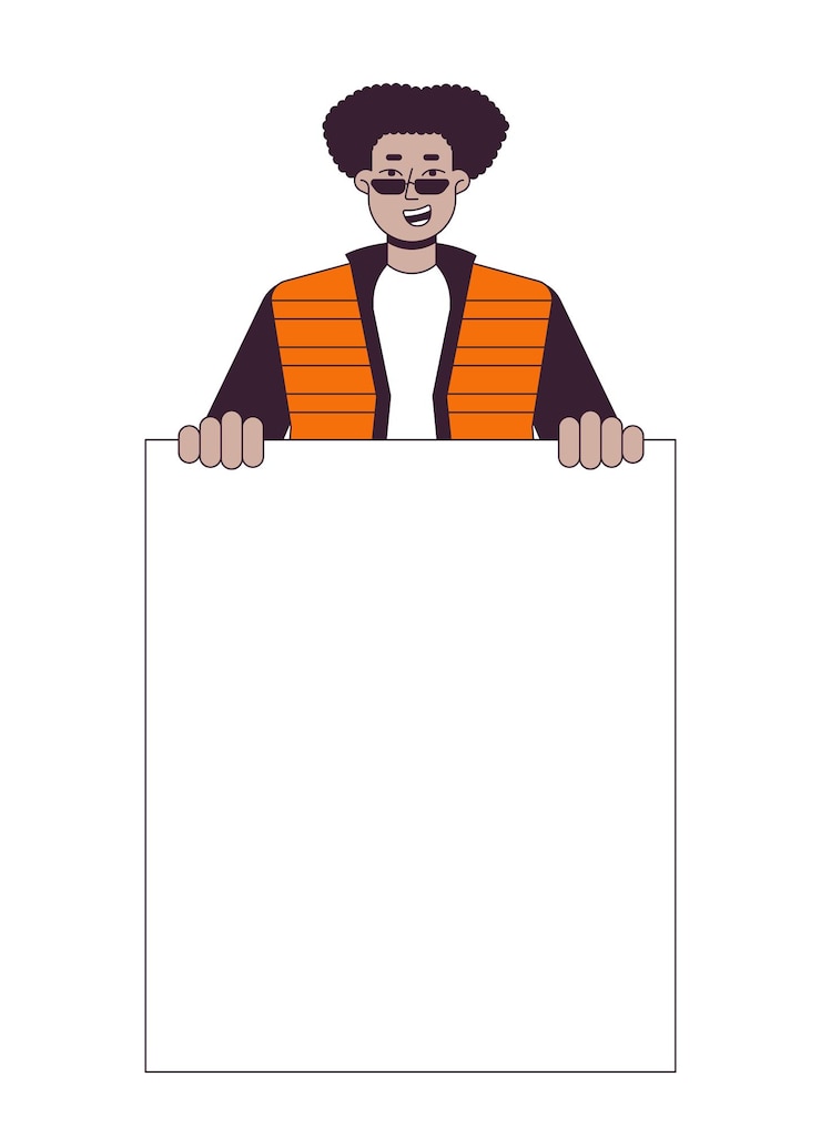 Vector positive black protester flat line color vector character male on demonstration announcement editable outline half body person on white simple cartoon spot illustration for web graphic design