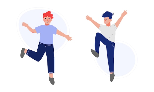 Positive Boy Jumping with Joy and Excitement Rejoicing Vector Set
