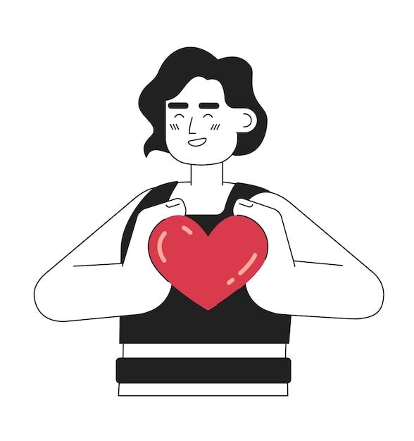 positive brunette woman holds small heartmonochromatic flat vector character editable thin line half body young woman on white simple bw cartoon spot image for web graphic design