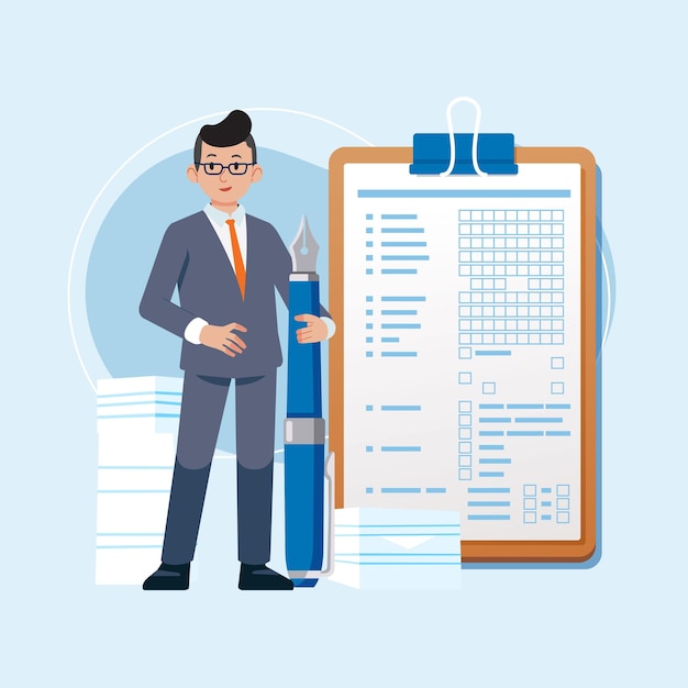 Vector positive business man with giant pen near marked agreement on clipboard paper successful completion of business document flat vector illustration