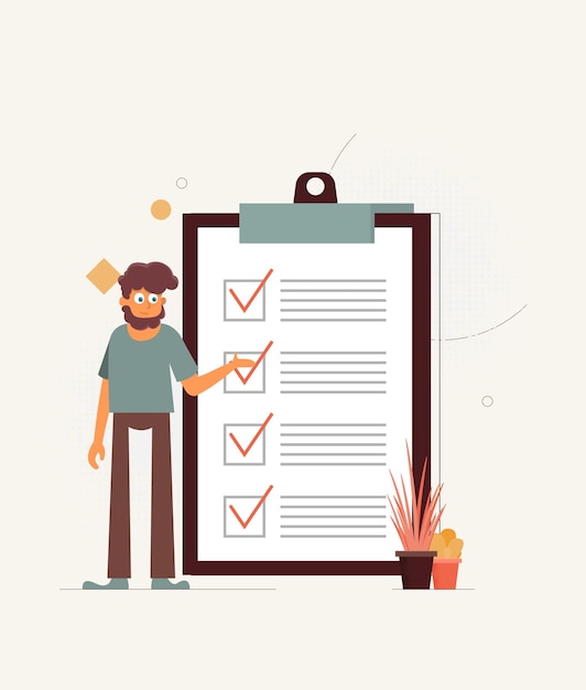 Positive business man with a giant pencil on his shoulder nearby marked checklist on a clipboard paper Illustration flat design style