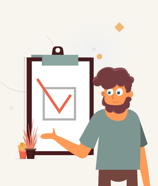 Vector positive business man with a giant pencil on his shoulder nearby marked checklist on a clipboard paper illustration flat design style