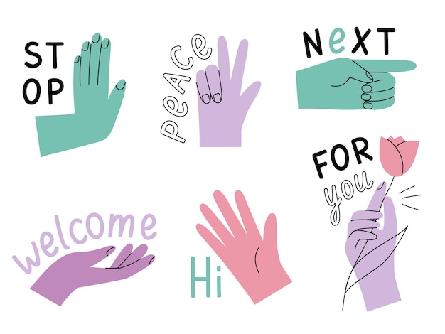 Positive colorful stickers hand gestures with lettering vector design set in a cute flat style